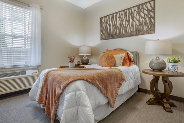 A well-decorated bedroom featuring a bed with a plush blanket and decorative pillows.