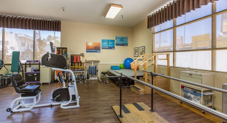 Interior view of a therapy gym with equipment