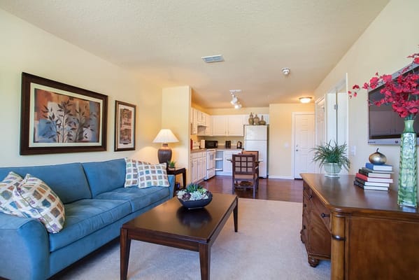 Cozy interior of a resident room with kitchen area