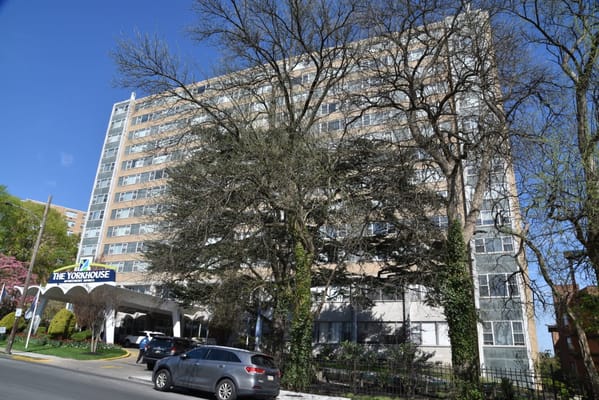 Exterior view of The York House building with trees