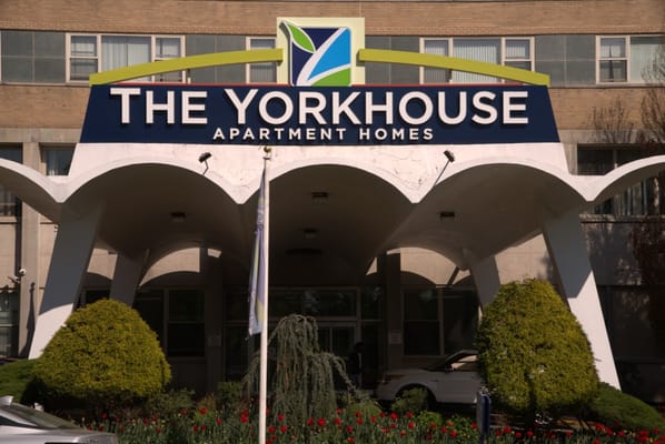 Exterior view of The York House with entrance signage
