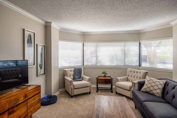 Living room area with two chairs, a couch, and a television