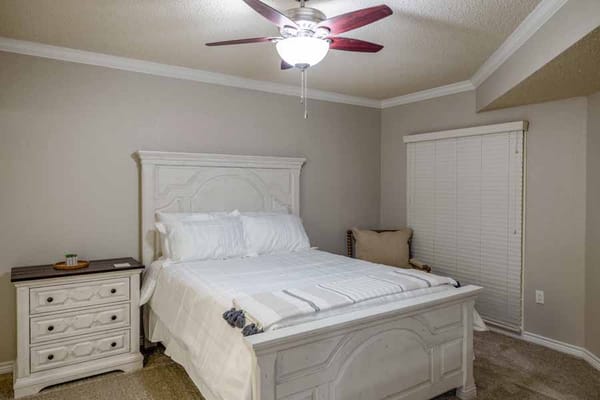Brightly lit bedroom with a large bed and nightstand