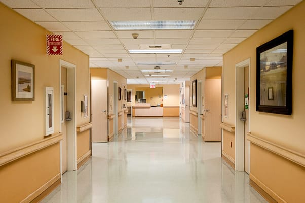 A clean, well-lit hallway in a senior living facility