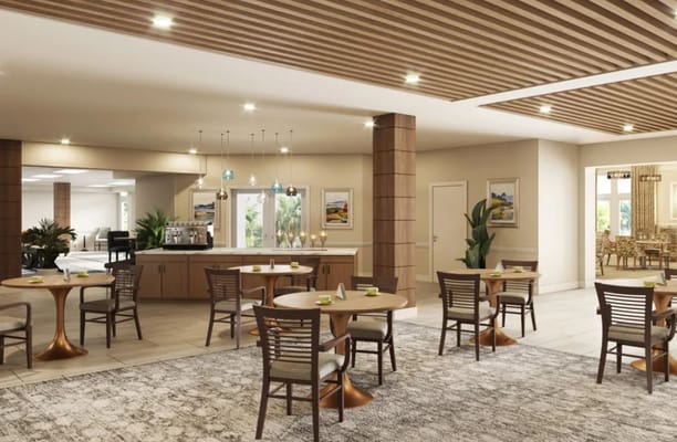 Interior view of a dining area with tables and chairs