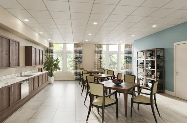 Bright dining area with tables and chairs