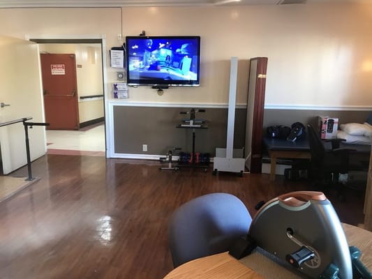 Activity space with exercise equipment and a television