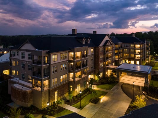 Aerial view of Lakewood Retirement facility at dusk
