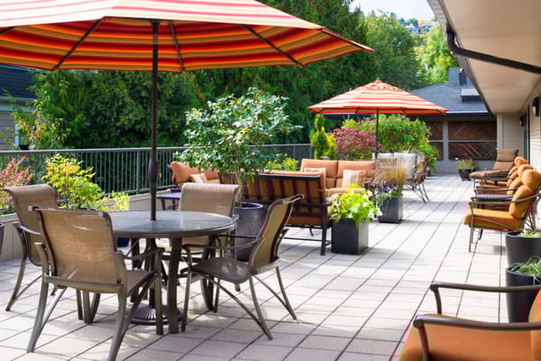 Outdoor seating area with umbrellas and plants