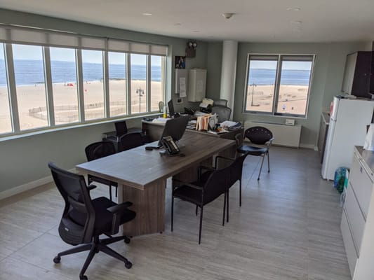 Bright interior office space with ocean view