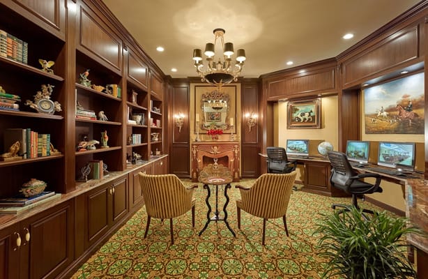 A library with comfortable chairs, computers, and decorative bookshelves.