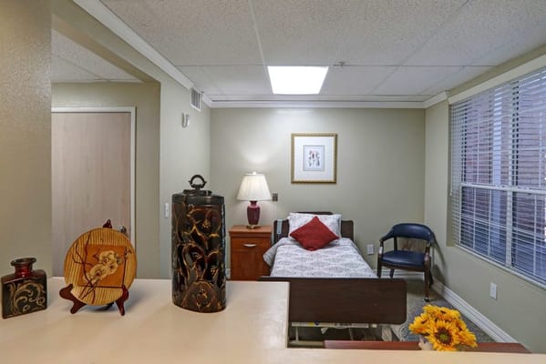Cozy interior view of a resident room with floral decor