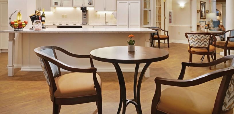 Cozy common area with seating and refreshments.