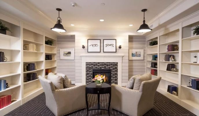 Cozy common area with seating and fireplace