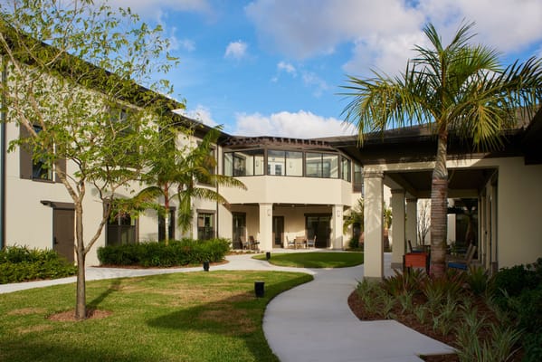 Outdoor courtyard with palm trees and pathways