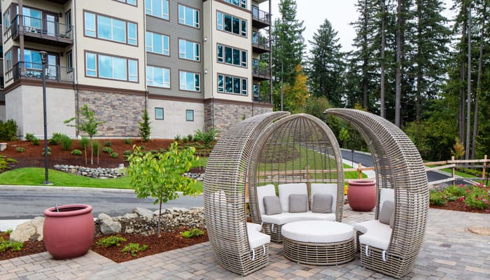 Cozy outdoor seating area with a unique design near the facility