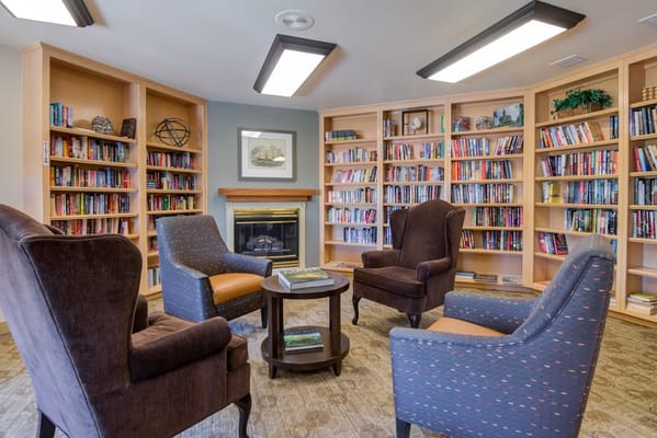 Comfortable seating area with bookshelves and a fireplace in the library