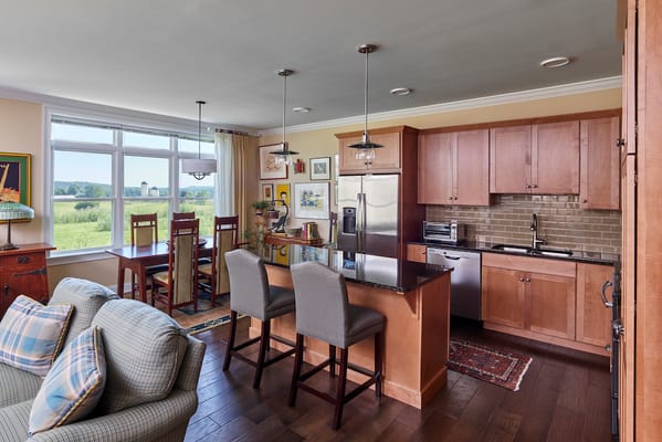 Bright and modern kitchen area with seating