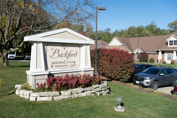 Exterior view of Bickford assisted living facility sign