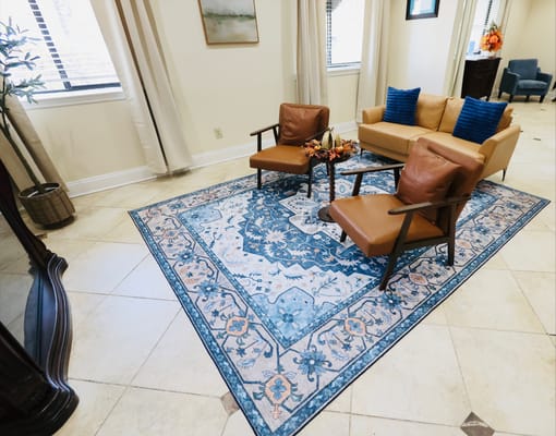 Cozy lounge area with seating and decorative rug
