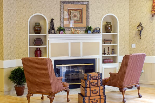 Cozy interior seating area with a fireplace