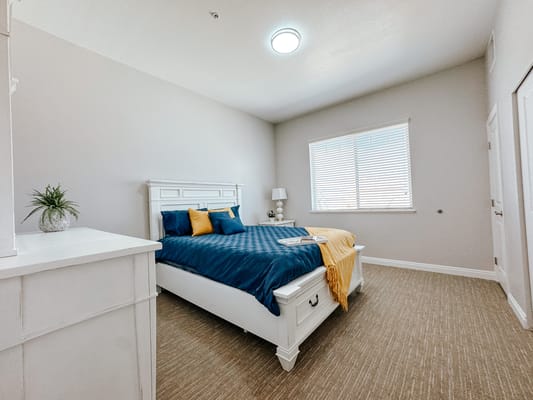 Cozy bedroom with a blue bedspread and decorative pillows