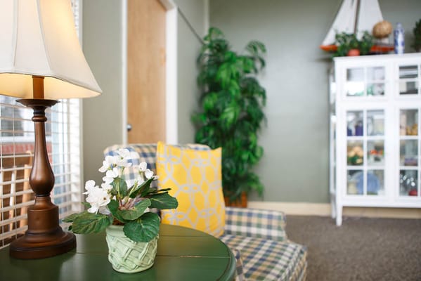 A cozy common area with a plant and seating
