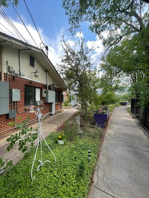 Pathway leading to the building surrounded by greenery and flowers