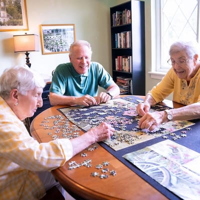 Residents enjoying a puzzle activity in a common area