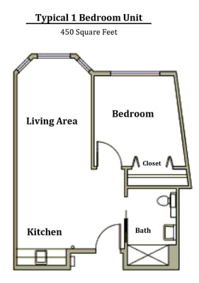 Architectural floor plan of a one-bedroom unit
