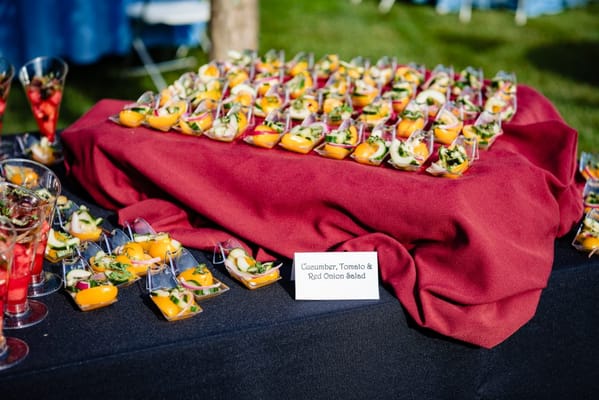 Gourmet cucumber, tomato, and red onion salad cups