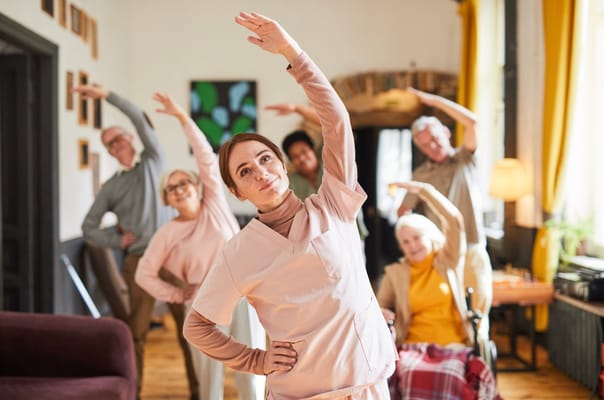 Residents and staff participating in a group exercise session