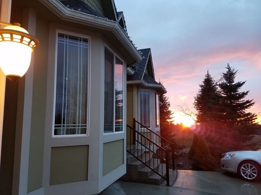 Exterior view of the facility at sunset