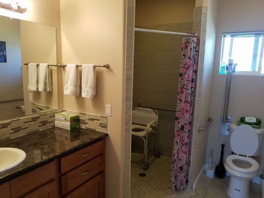 Bright private bathroom with grab bars and shower