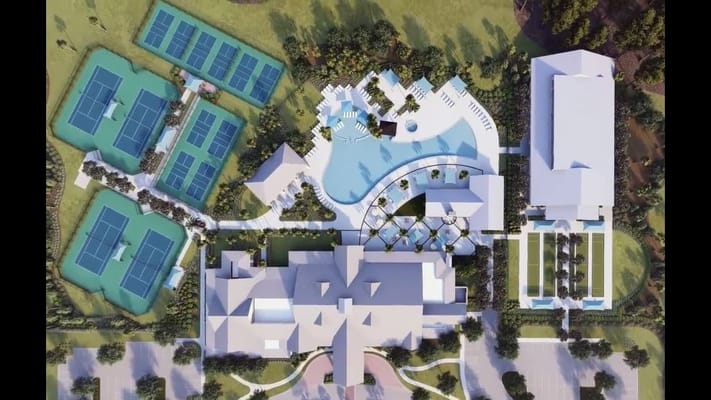 Aerial view of a senior living campus with outdoor amenities