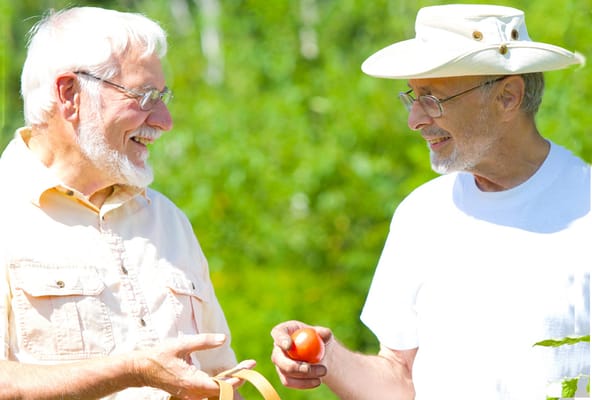 Two seniors enjoying a conversation outdoors with fresh produce