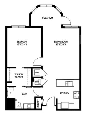 Architectural floor plan of a senior living unit
