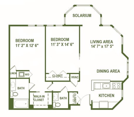 Architectural floor plan of a two-bedroom unit