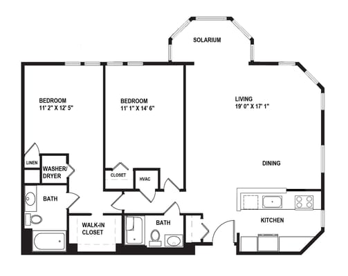 Architectural floor plan of a two-bedroom apartment