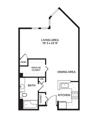 Architectural floor plan of a one-bedroom unit