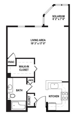 Architectural floor plan of a one-bedroom unit