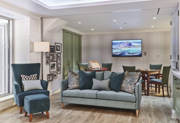 Bright, cozy interior common area with seating