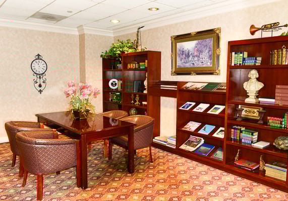 Cozy interior with bookshelves and seating area