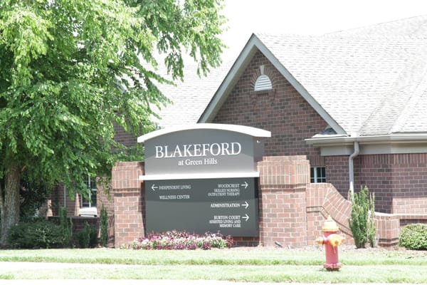 Sign for Blakeford at Green Hills showcasing various services.