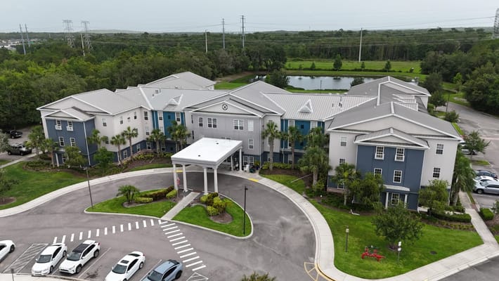 Aerial view of the entrance to The Landings at Gentry Park