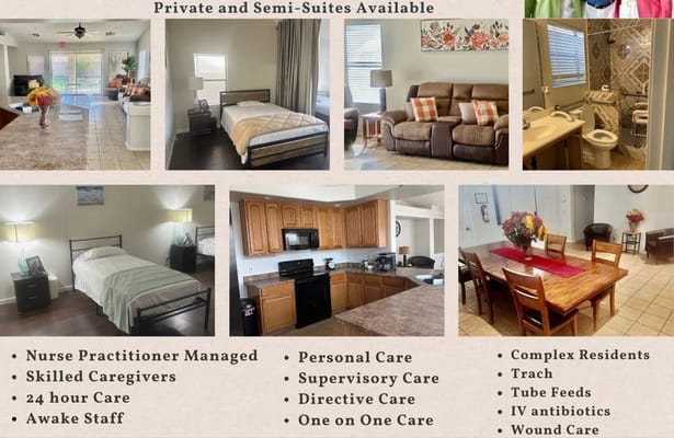 Living room and bedrooms in We Care Recovery Assisted Living Facility