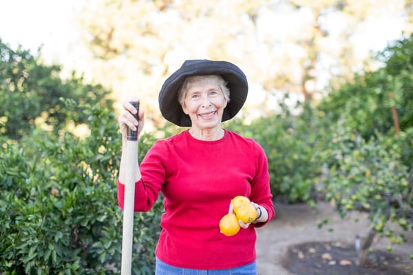 Senior woman gardening outdoors with oranges