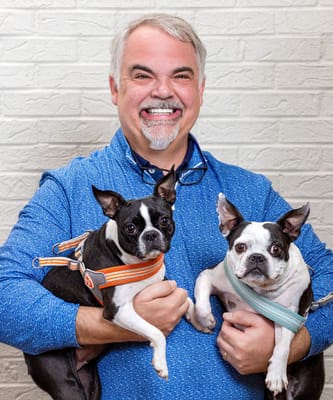 A man holding two Boston Terriers in a cozy setting