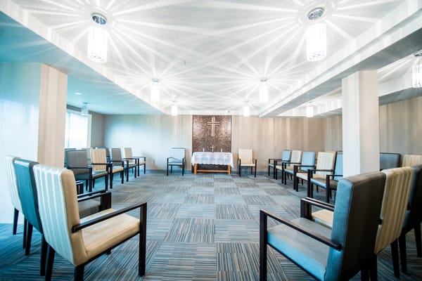 Bright interior common area with seating