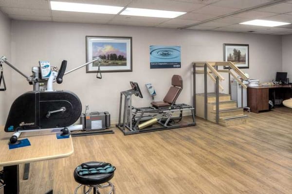 Physical therapy room with equipment